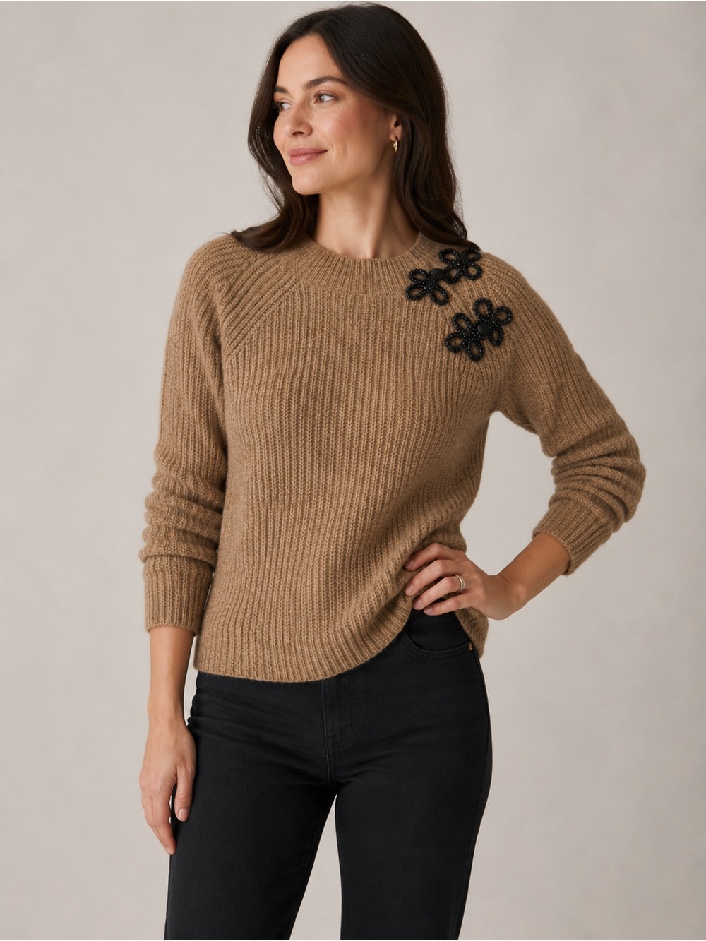 J. Crew Ribbed Sweater With Beaded Clasps Camel Size XS